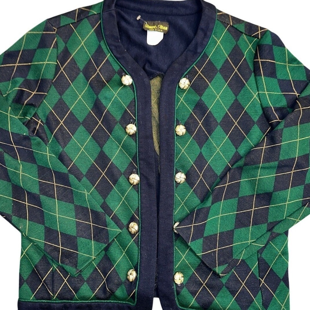 Stuart Alan Vintage Argyle Cardigan Jacket Green Navy Gold Button Womens Size 12